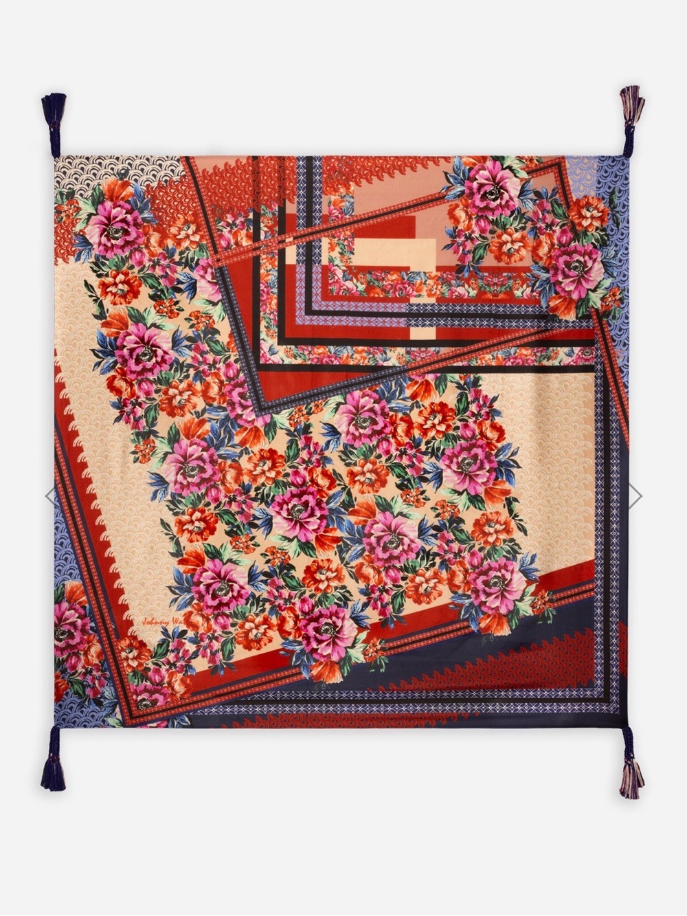 JOHNNY WAS Window Silk Tassel Scarf Floral 44” Square Boho